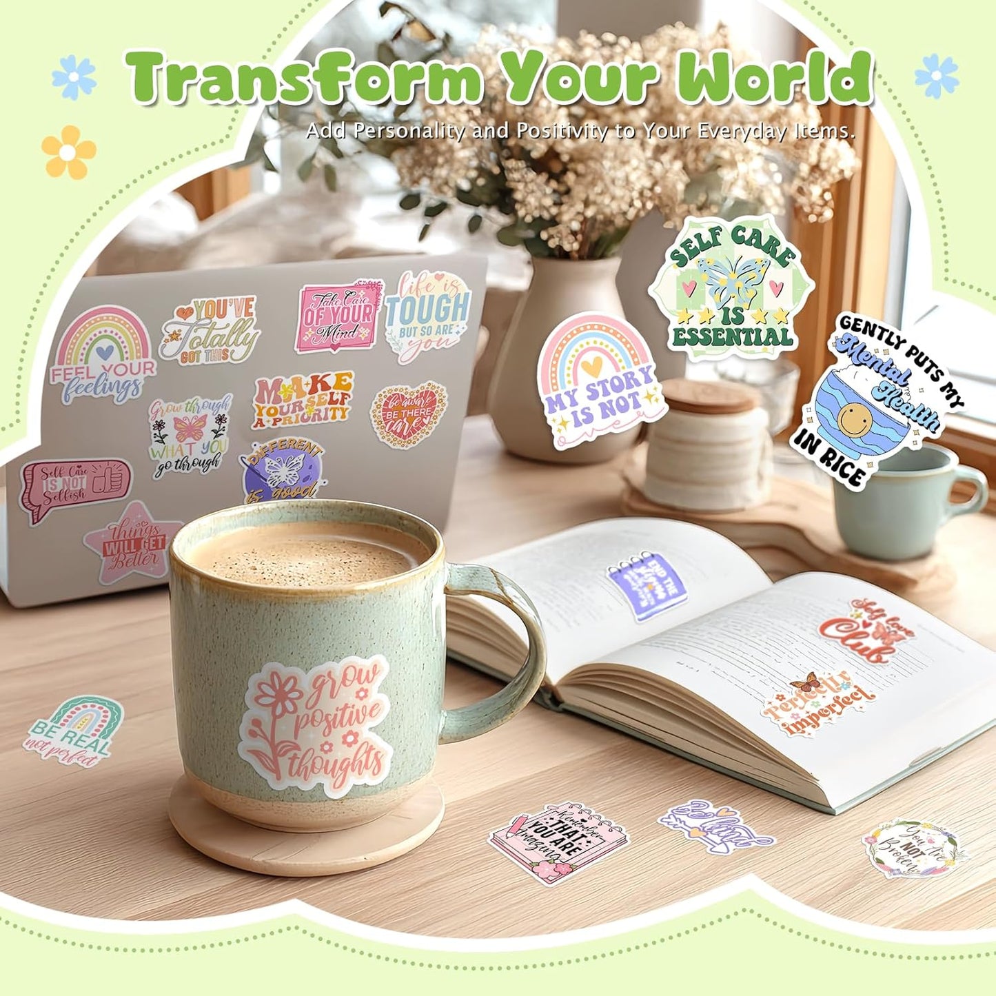 300 PCS Mental Health Stickers, Vinyl Therapy Stickers for Mental Health Journal, Positive Quote Decals for Adult