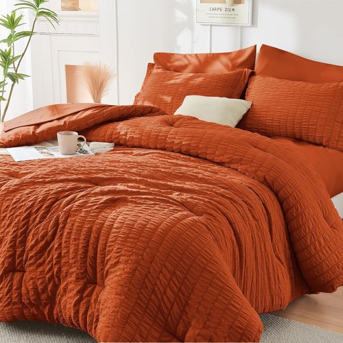 HYMOKEGE King Size Comforter Set - Burnt Orange Seersucker 7-Piece Luxury Bedding Set
