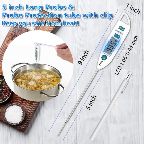 BOMATA Instant Read Waterproof IPX7 Food Thermometer - Long Probe for Cooking, Meat & BBQ | T101 White