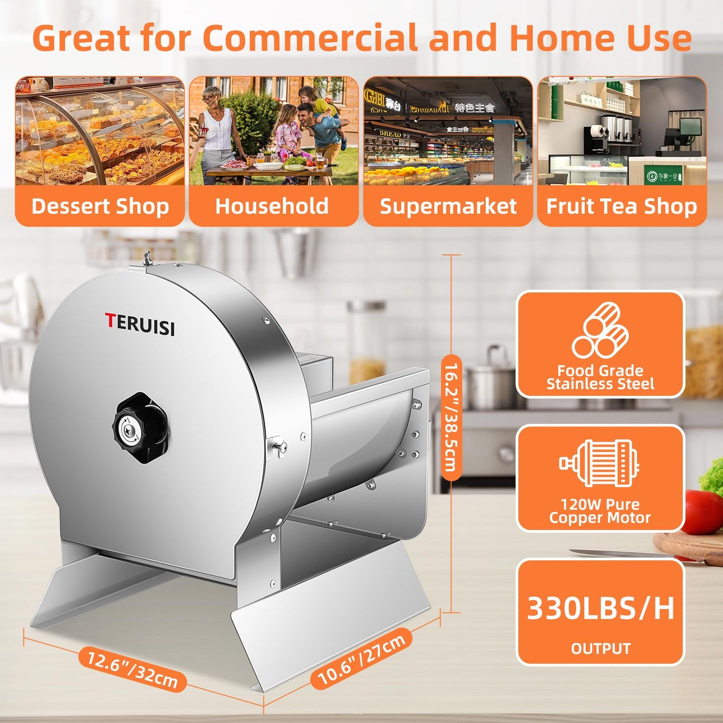 TERUISI Electric Vegetable Slicer, 120W Commercial Fruit Cutter Machine with 0-0.5'' Thickness Adjustable, Stainless Steel 2 IN 1 Manual & Electric Food Slicer for Lemon Potato Onion Tomato, 110V