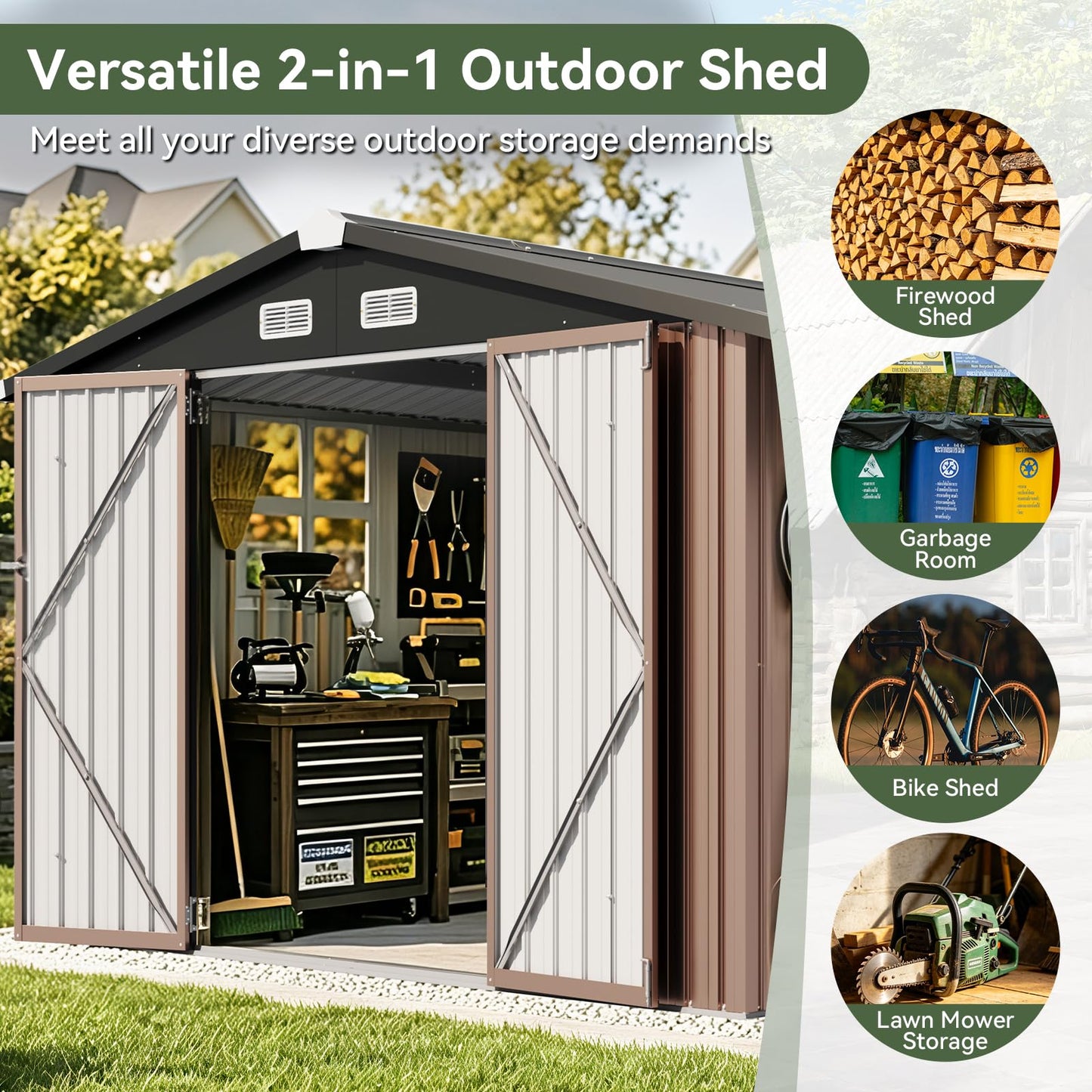 Aoxun 8x12 FT Outdoor Storage Shed Metal Sheds with Open Firewood Storage,Galvanized Steel Garden Shed with Lockable Doors,Sloped Roof,Windows, 2 in 1 Large Tool Shed for Patio, Backyard, Lawn (Brown)