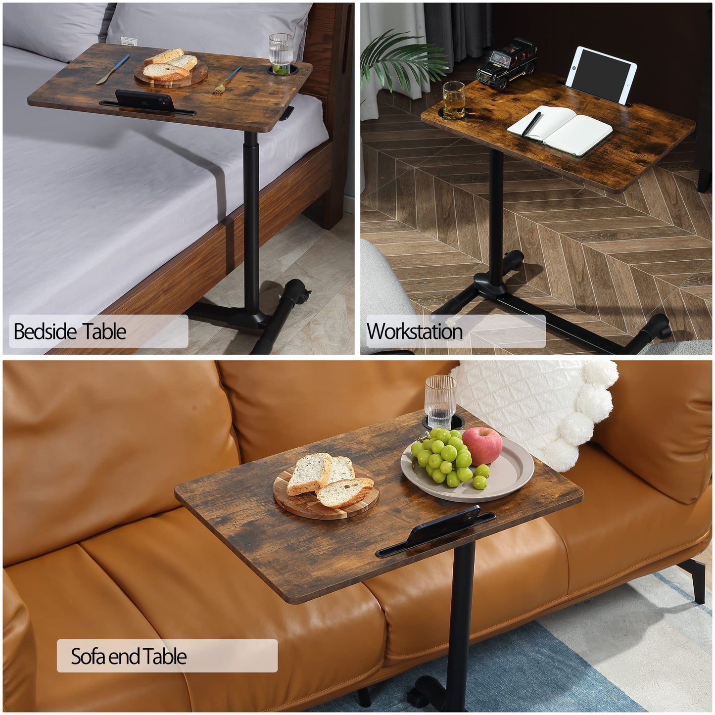 ETHU Overbed Table with Hydraulic Lift, 27.1-34.2 Inch Height Adjustable Bed Table with Lockable Casters - Wood Grain Tabletop with Cup Holder & Charging Slot, 22lbs Capacity Rolling Bedside Desk