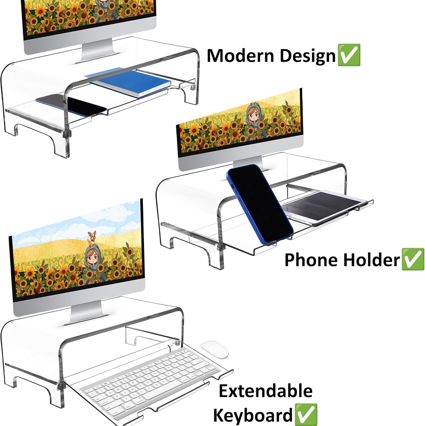2 5.7 Inch AMT Tier High Acrylic Laptop Monitor Stand & Computer Riser with Cat Keyboard Protector, Space-Saving