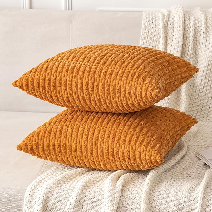 MIULEE Pack of 2 Burnt Orange Corduroy Decorative Euro Sham Pillow Covers 24x24 Inch Soft Boho Striped Throw Pillow Covers Modern Farmhouse Home Decor for Summer Sofa Living Room Couch Bed