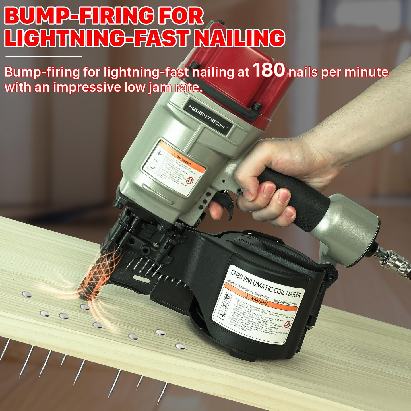 KEENTECH Pneumatic Siding Nail Gun for 2" to 3-1/4" 15-Degree Nails, Coil Siding Nailer with Bump Firing for Fast Nailing Speed, Coil Nail Gun for Pallet, Siding, Crating, Decking, Framing, CN80