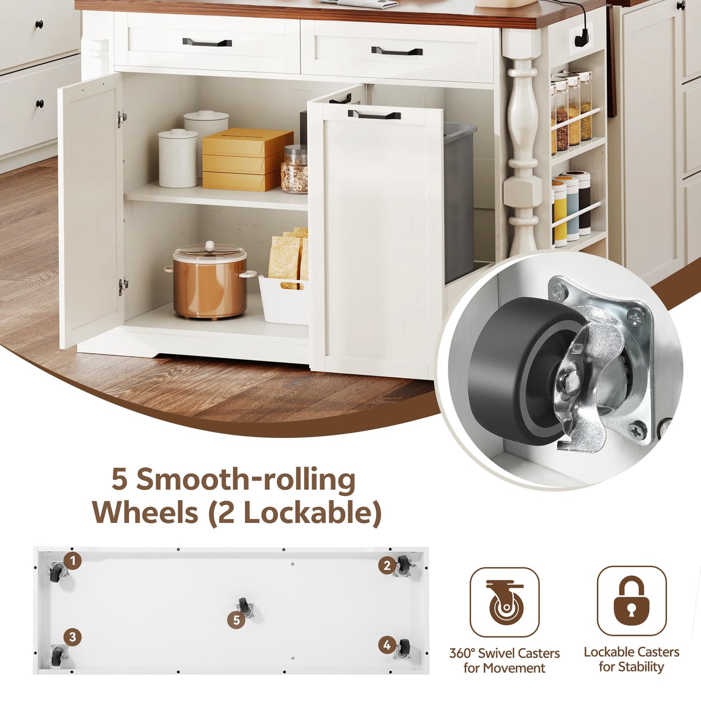 Homiflex Kitchen Island with Power Outlet & Trash Cabinet, 47.6" Roman Style Rolling Kitchen Island with Drop Leaf Tabletop 11.8", Kitchen Cart with Spice Rack & Drawers & Cabinets Coffee Bar Station