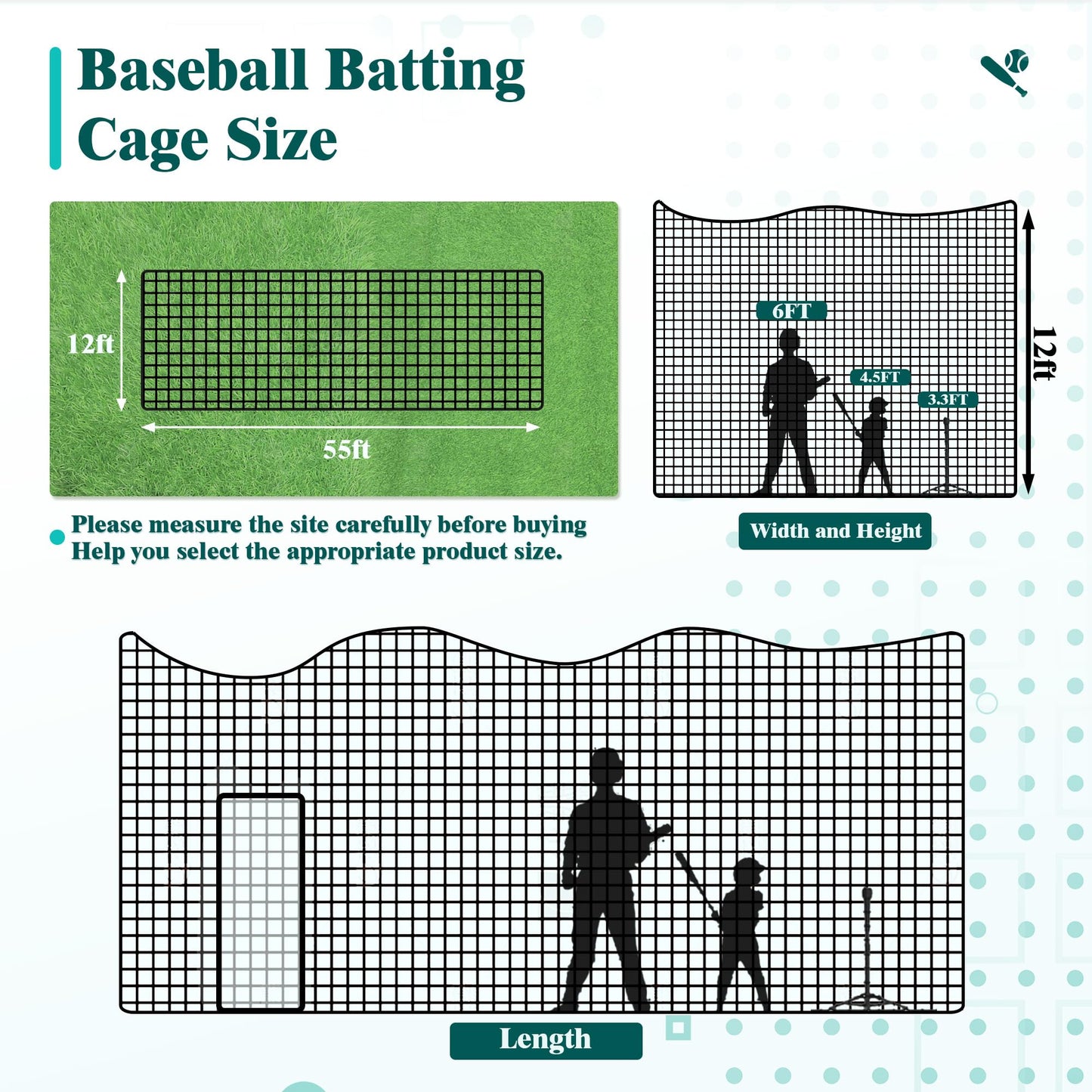 55 FT Baseball Batting Cage, Baseball Nets for Batting Cage，Baseball and Softball Batting Cage Nets for Pitching Training, Outdoor Backyard Batting Cage with Frame