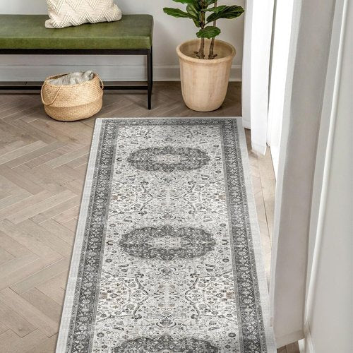 Hallway Runner Rug - Oriental Washable 2x5 | Stain Resistant, Ultra Soft Indoor Carpet in Grey