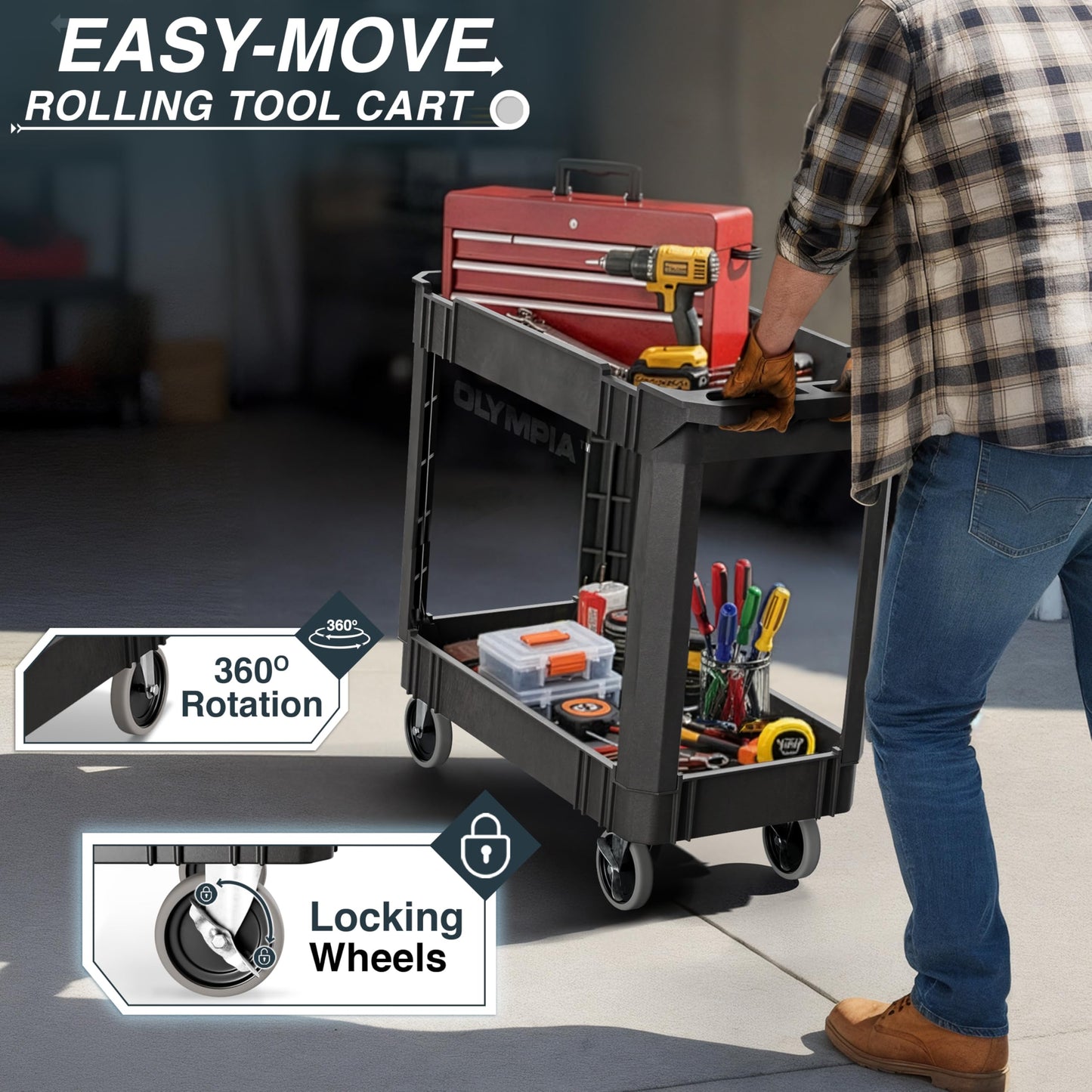 Olympia Tools 2 Tier Rolling Carts with Wheels – 500lbs Heavy Duty Utility Cart, Locking Swivel Wheels – Work Cart for Garage, Service & Industrial Use, Built-in Ruler