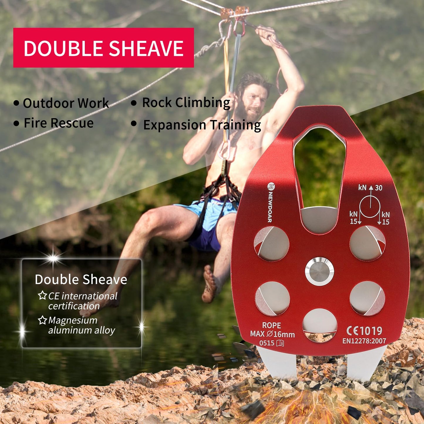 NewDoar 30 KN CE Certified Large Rescue Pulley Double Sheave with Swing Plate for Outdoor Mountaineering Rock Climbing Rescue(Red 2pcs)