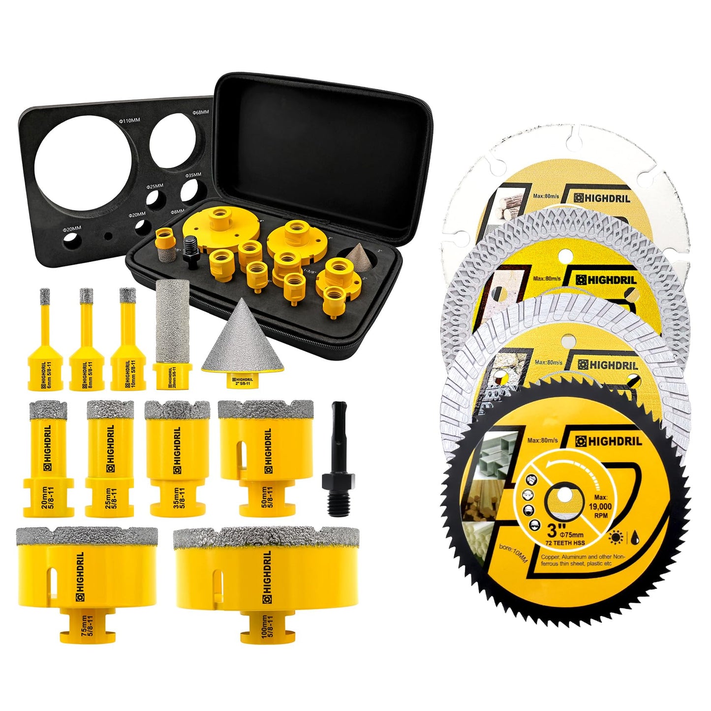 HIGHDRIL Diamond Hole Saw Kit - 6/6/8/20/25/35/50/75/100mm Drill Bits and HIGHDRIL 3" 75mm Circular Saw Blade Set 4pcs - Diamond/HSS/Carbide Cutting Disc