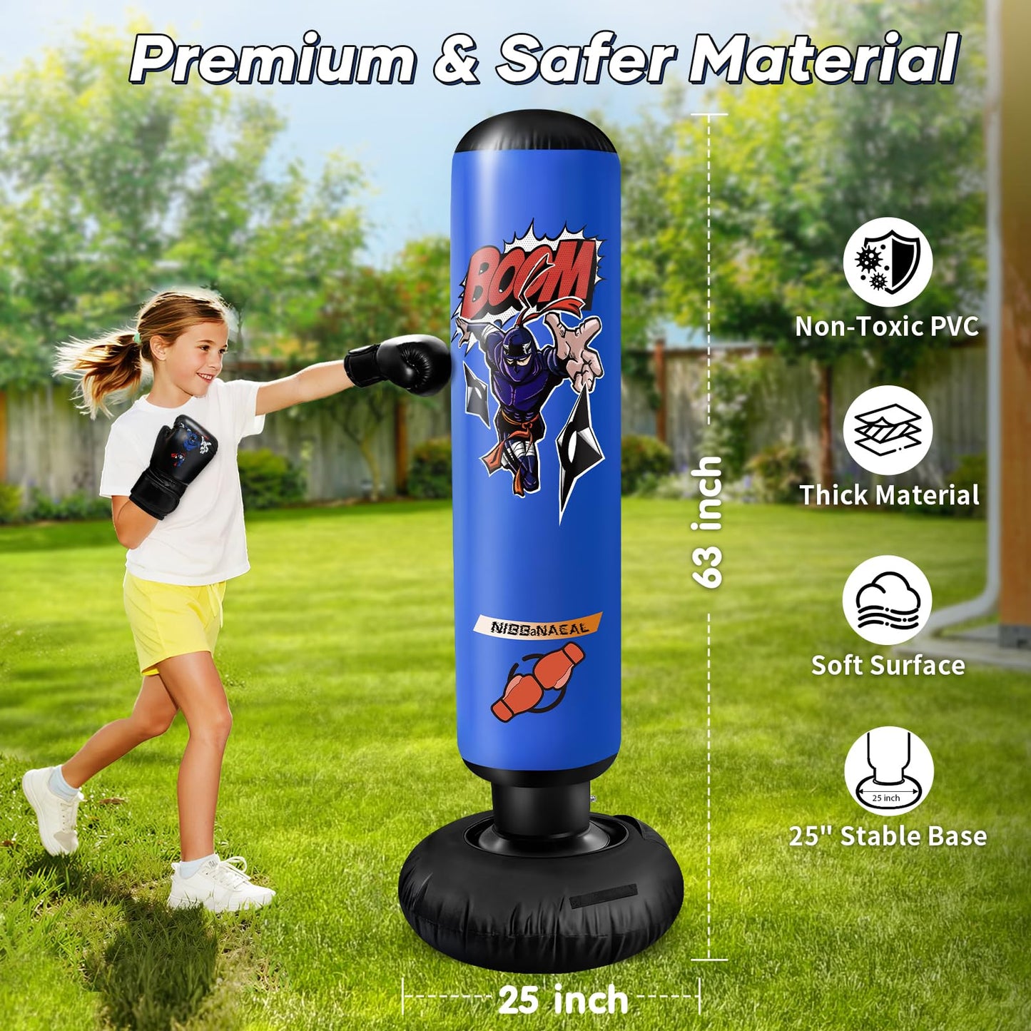 NIBBaNACAL Punching Bag for Kids 8-12, 63" Ninja Inflatable Boxing Bag with Gloves, Kids Punching Bag Gifts for Boys & Girls, 5-in-1 Boxing Set for Practicing Karate & Taekwondo