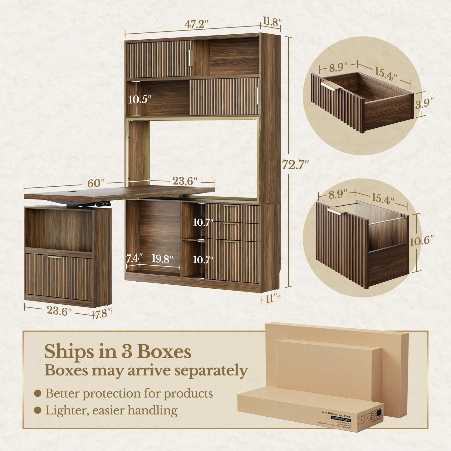 Perledesign 60'' L Shaped Standing Desk with Hutch, Fluted Executive Electric Desk with 2 Drawers and File Cabinet & Power Outlets, Corner Computer Desk with Storage for Home Office, Black Walnut