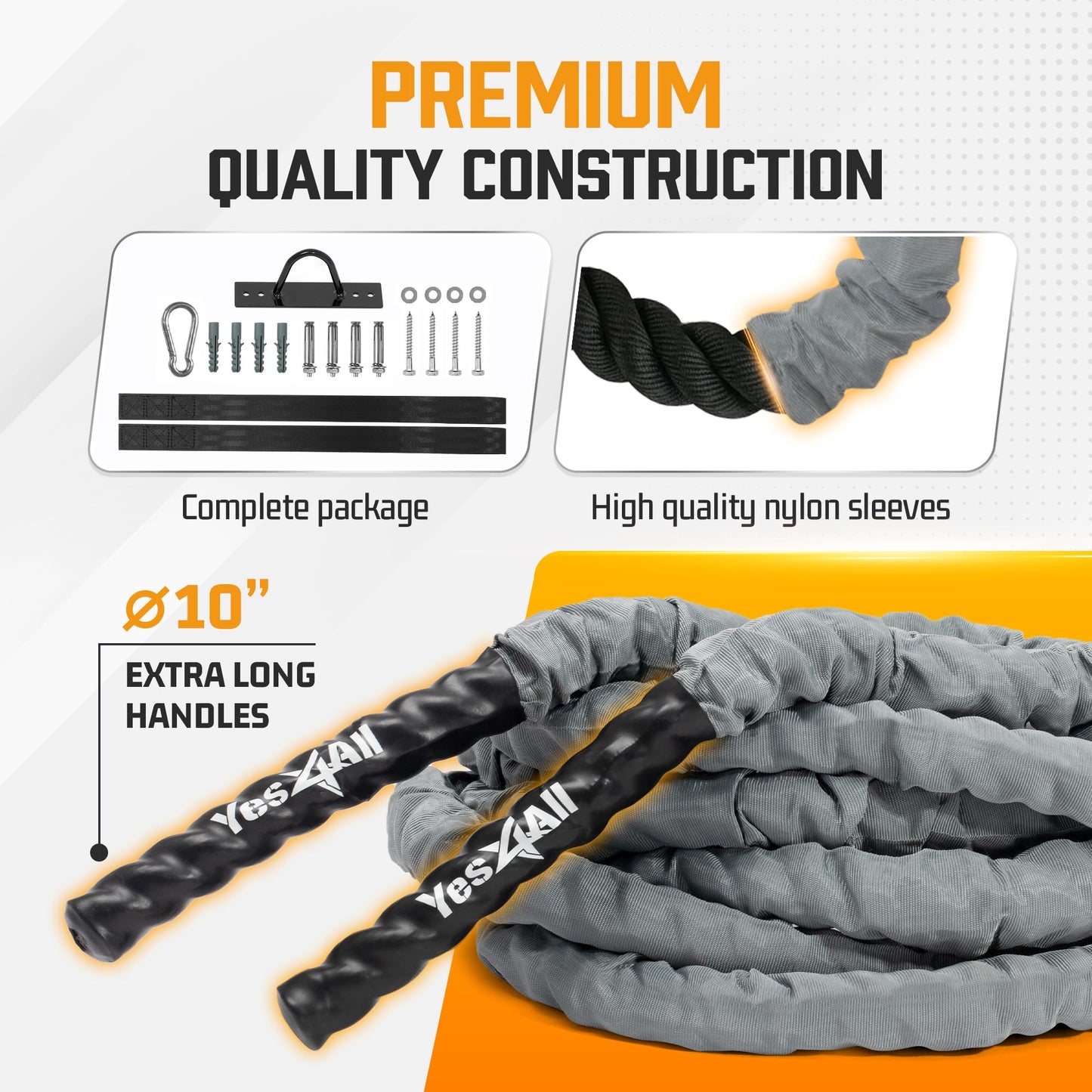 Yes4All 1.5 Inch Battle Ropes with Extra Protective Sleeve, Workout Ropes for Cross-Training Home Gym & Fitness Exercises, Strength Training - 30,40 Feet Lengths Available