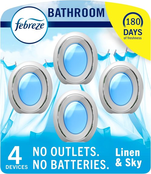 Febreze Bathroom Air Freshener - Odor-Fighting Plug-In for Small Spaces | Linen & Sky Scent, 4 Count