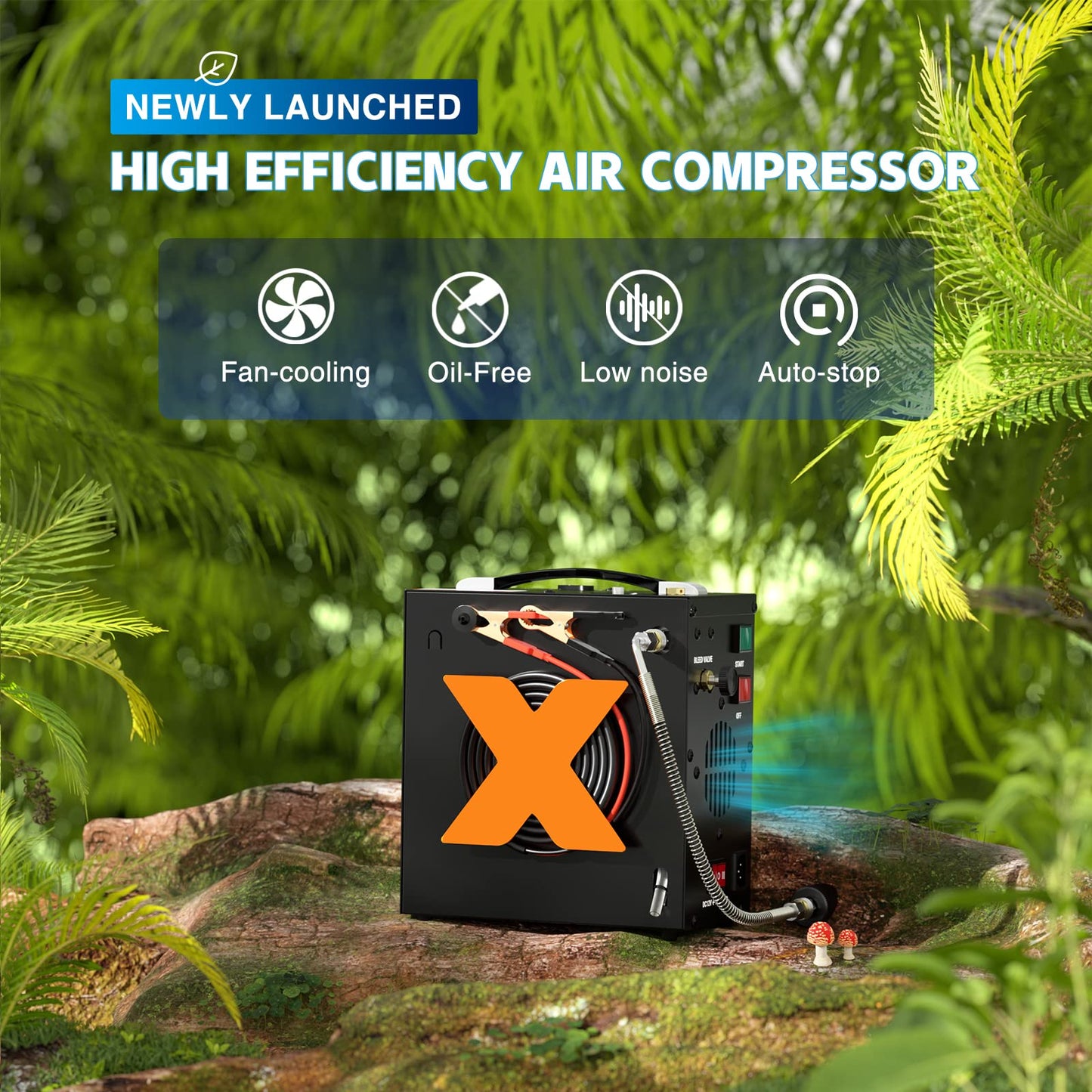 PCP Air Compressor 4500Psi/30Mpa Oil-Free & No-noise High-Pressure Air Compressor with Water/Oil Separator, Auto-shut suitable for Scuba Tank, Air-Gun, Powered by 12V DC or 110V-220 AC