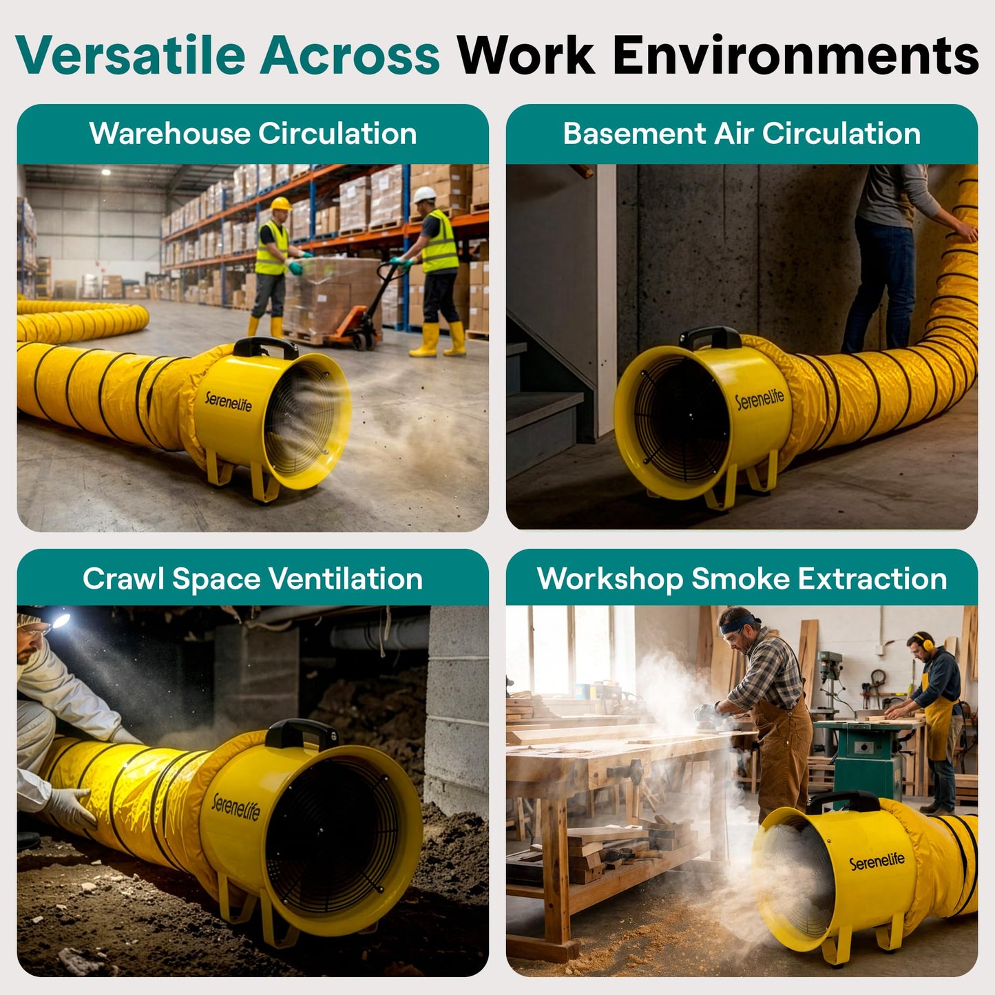 SereneLife Heavy Duty Cylinder Fan 12 inch,Blower Fan with 3200 CFM Airflow, 25ft PVC Ducting, Industrial Exhaust for Warehouses, Workshops, Crawl Spaces, & Basements, Smoke & Odor Removal