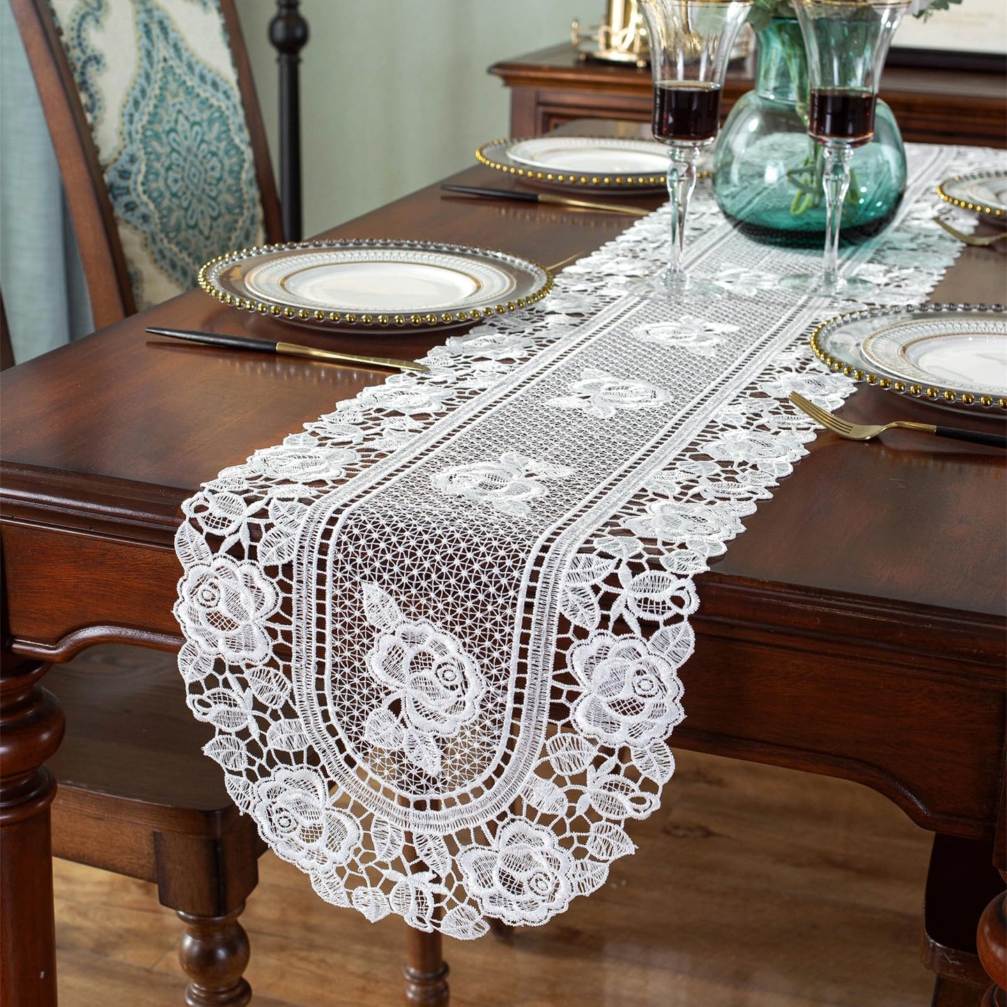 auons White Crochet Lace Table Runner Peony Floral Embroidered Table Dresser Scarf Rustic Table Decor for Home Wedding Bridal Shower Baby Shower Party, 12 x 72 Inch