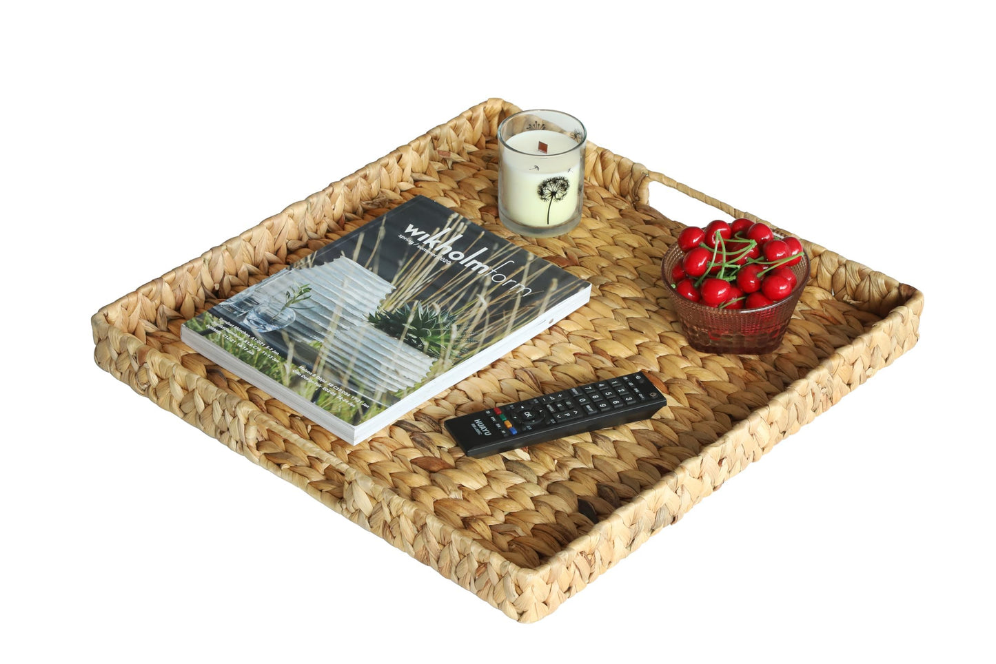 Extra Large Square Ottoman Table Tray 19.7" with Handles - Handmade Wicker Serving Hand Woven Tray for Farmhouse Decorative Oversized Coffee Table Trays Living Room Kitchen Counter Breakfast