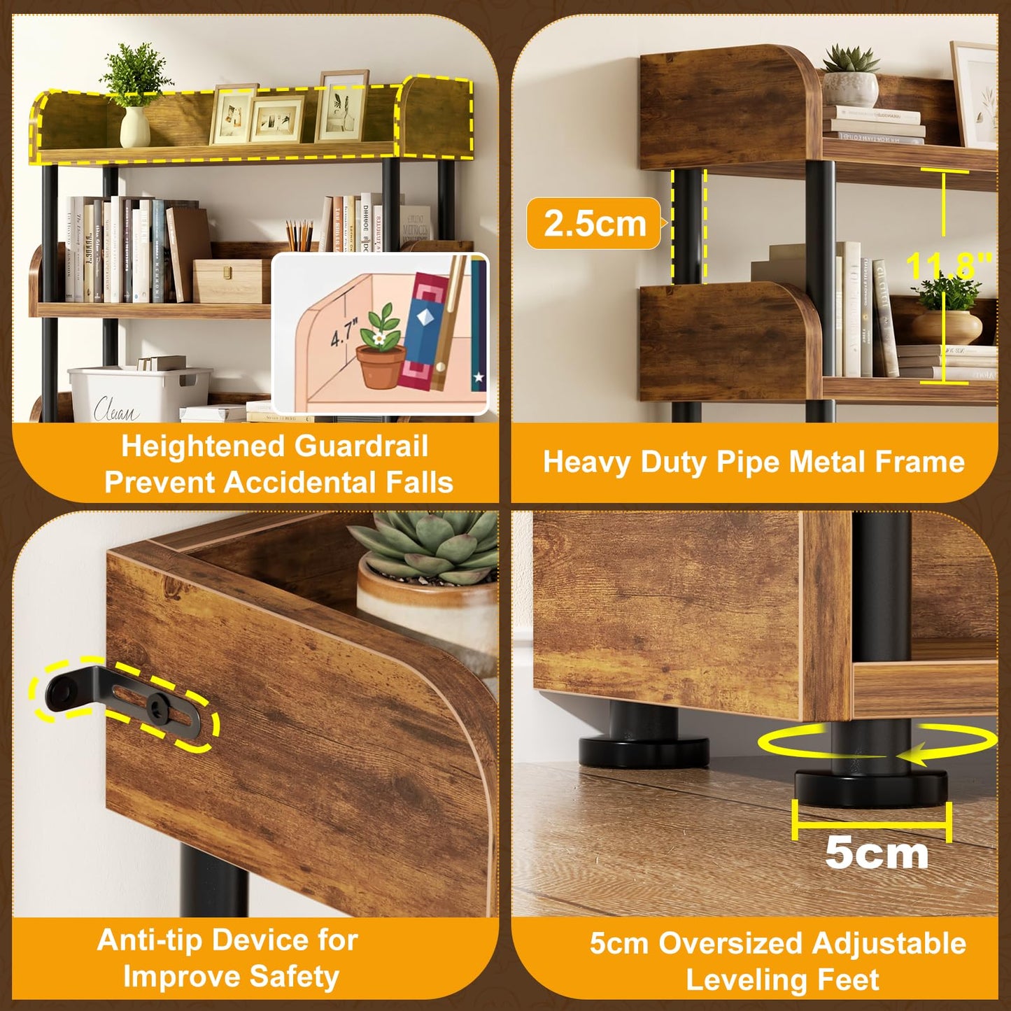 Aheaplus 5-Tier Tall Open Bookshelf, 31.5" Modern Display Bookcase with Top Edge and Pipe Metal Frame, Industrial Standing Book Shelves Metal Storage Rack for Living Room, Home Office, Rustic Brown