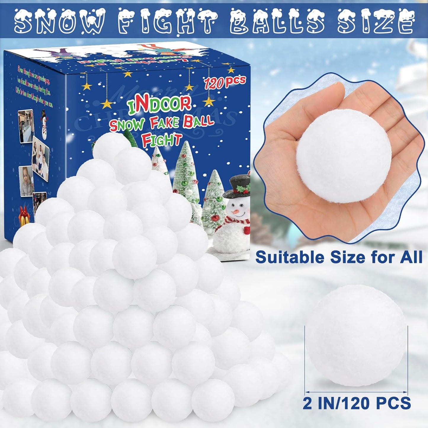 Skiennix Fake Snow Balls - Soft Plush Indoor & Outdoor Snowball Fight Set | 120 Pack for Kids & Family Fun