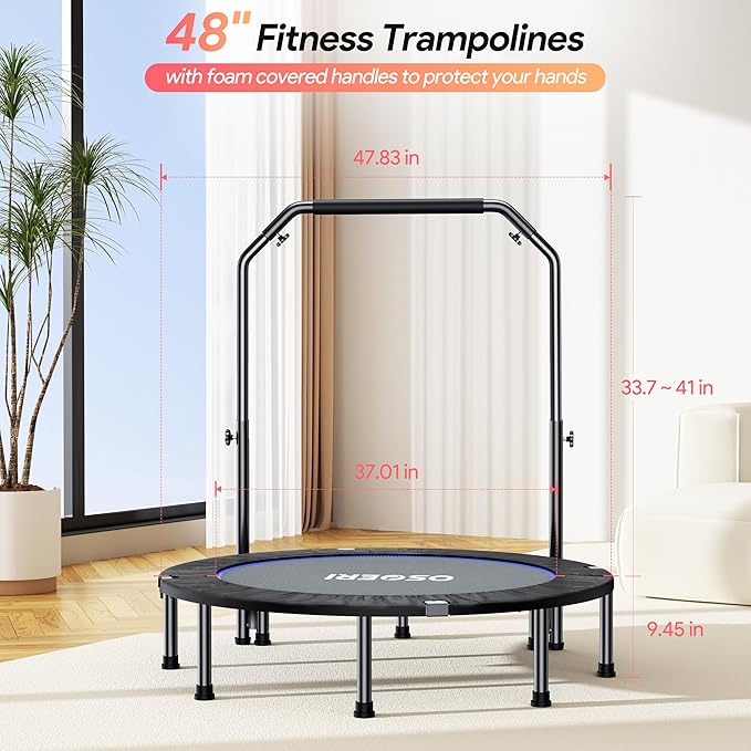 Osoeri 48" Rebounder Trampoline Foldable for Adults Max Load 450lbs, Mini Trampoline with Adjustable Foam Handle for Adults, Fitness Trampoline Indoor/Garden Workout