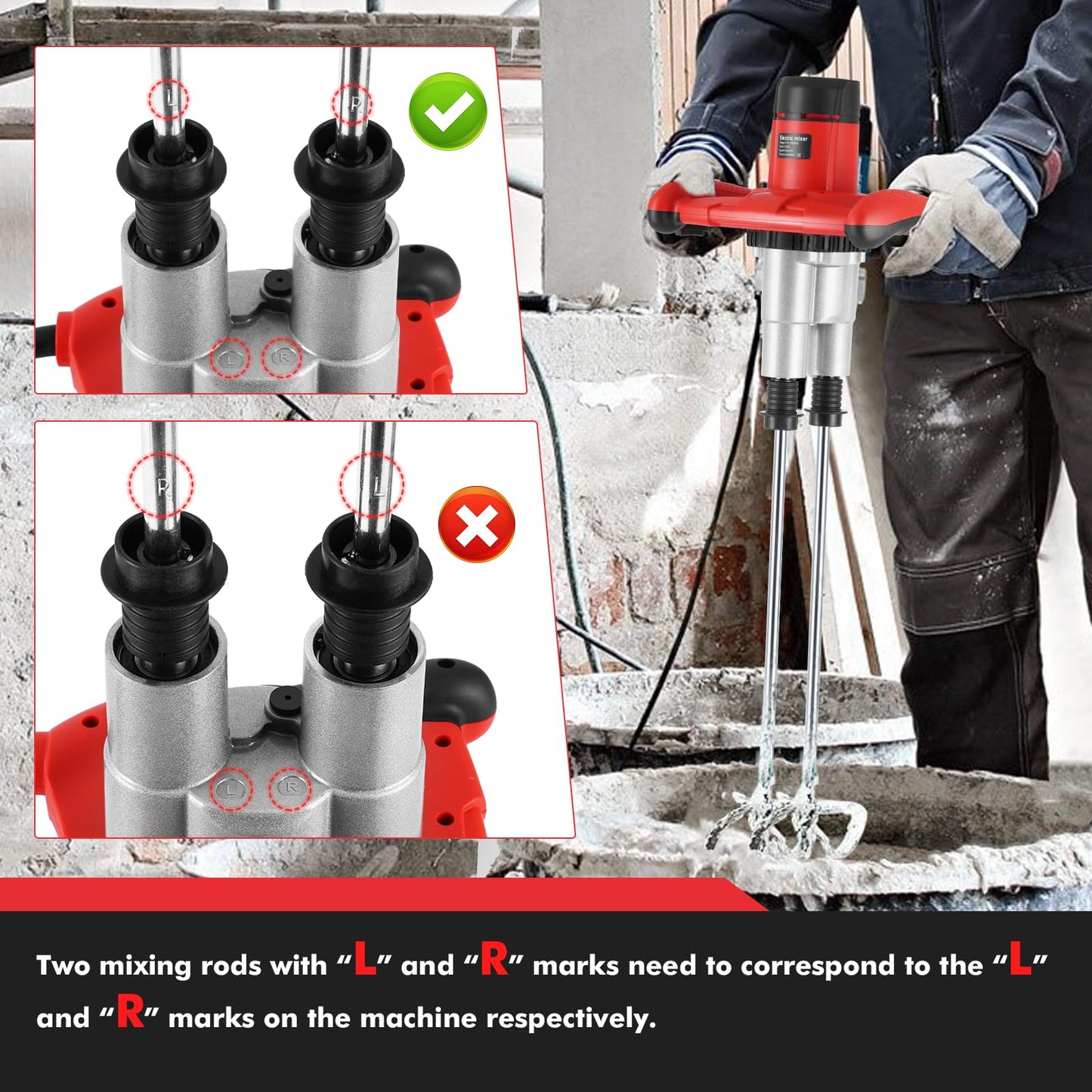 Meticuloso Concrete Mixer 2100W, Upgraded Double Paddle, Portable Cement Mixer with 6 Speed, 950RPM, Handheld Mud Mixer for Mortar, Paint, Grout, Plaster, Thinset, Fodder Stirring Tool
