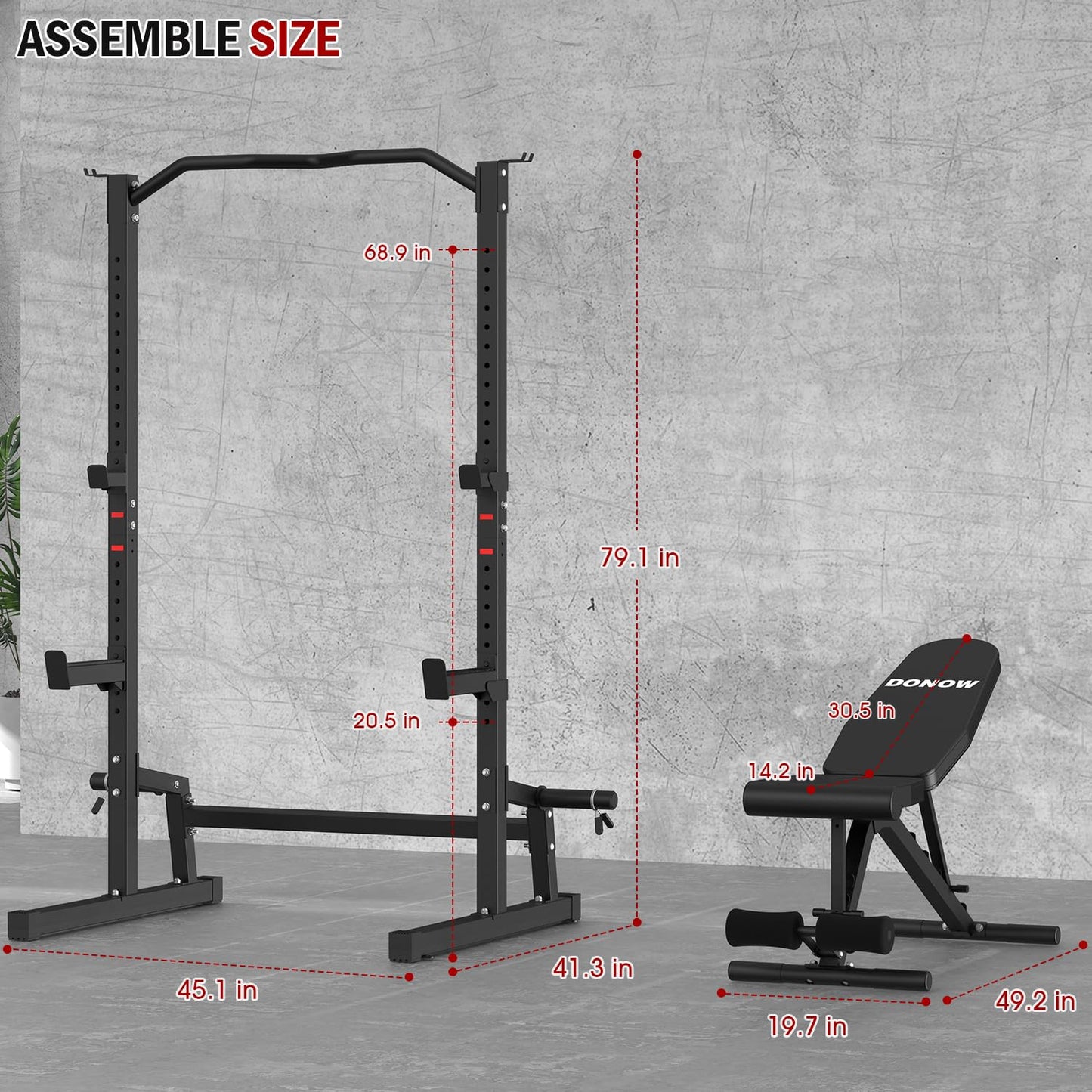 DONOW Olympic Weight Bench with Squat Rack Adjustable Workout Bench with Rack for Bench Press Sthrength Training (Black with Safety Catched)