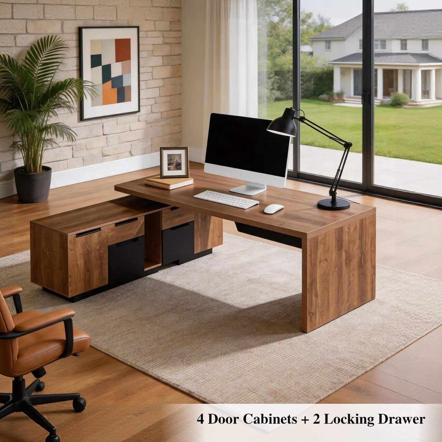 Retractable L-Shaped Executive Desk, Modern Office Desk with Drawers and Lateral File Cabinet, Large Computer Desk with Storage Shelves, Workstation for Home Office (Left Return, 86.6 - 94.5 IN)