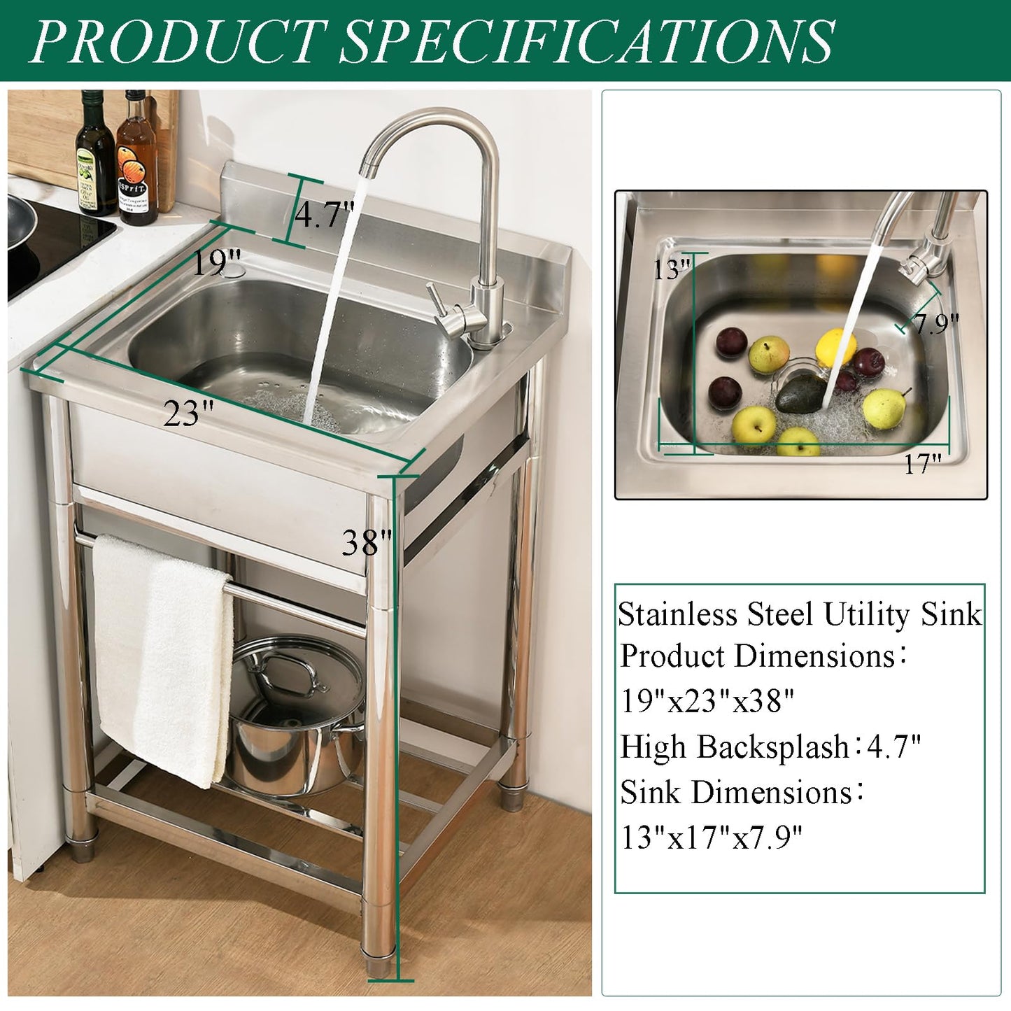 Bokaiya Stainless Steel Utility Sink, Free Standing Small Stainless Steel Sink with Faucet Laundry Room Sink 16 Gauge Single Bowl Outdoor Commercial Garage Sink (19"D x 23"W x 38"H)