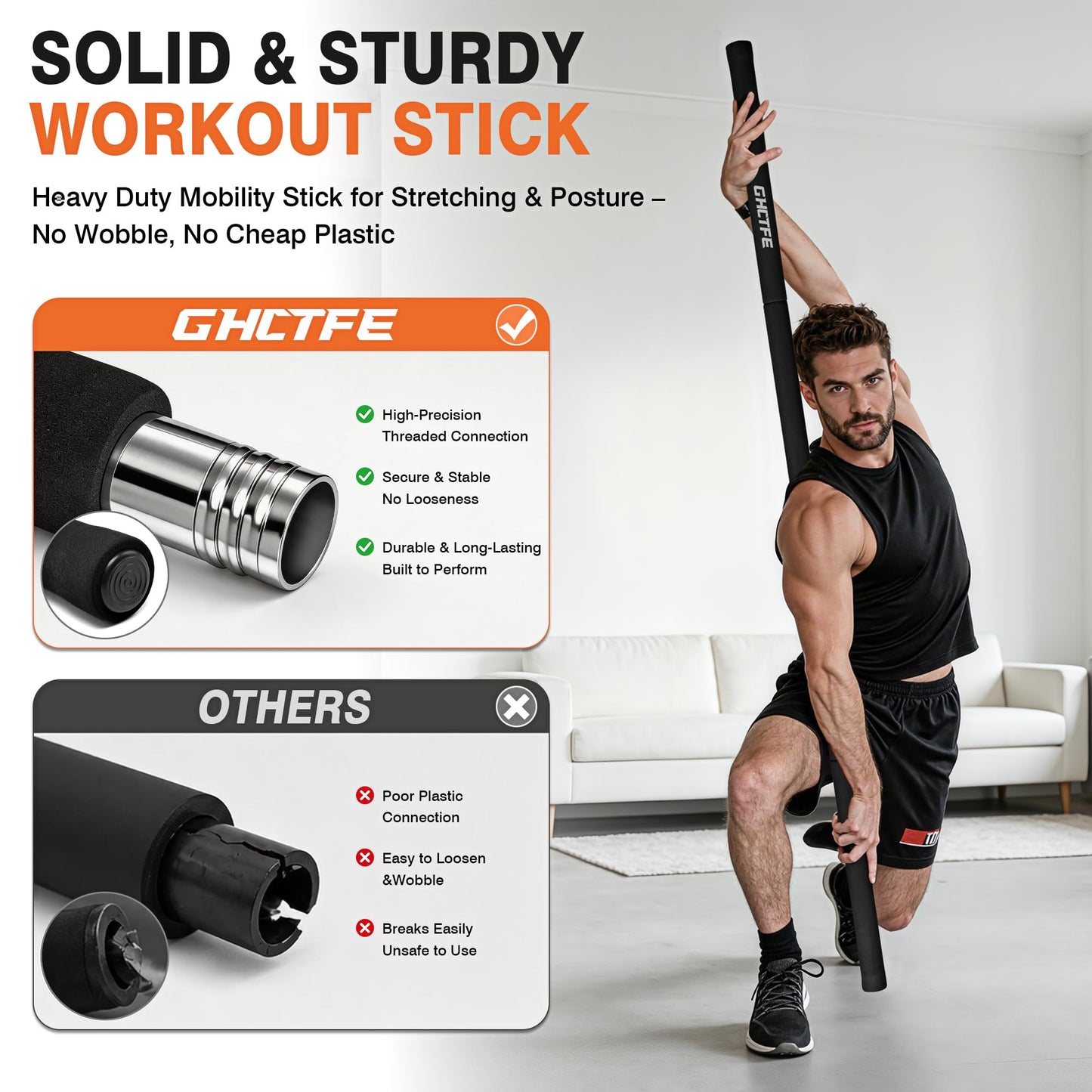 GHCTFE Adjustable Yoga Stick for Stretching & Balance, Upgraded Workout Pilates Equipment for Back Posture Corrector, 4-Section Steel Mobility Bar for Flexibility, Physical Therapy, Exercise Training