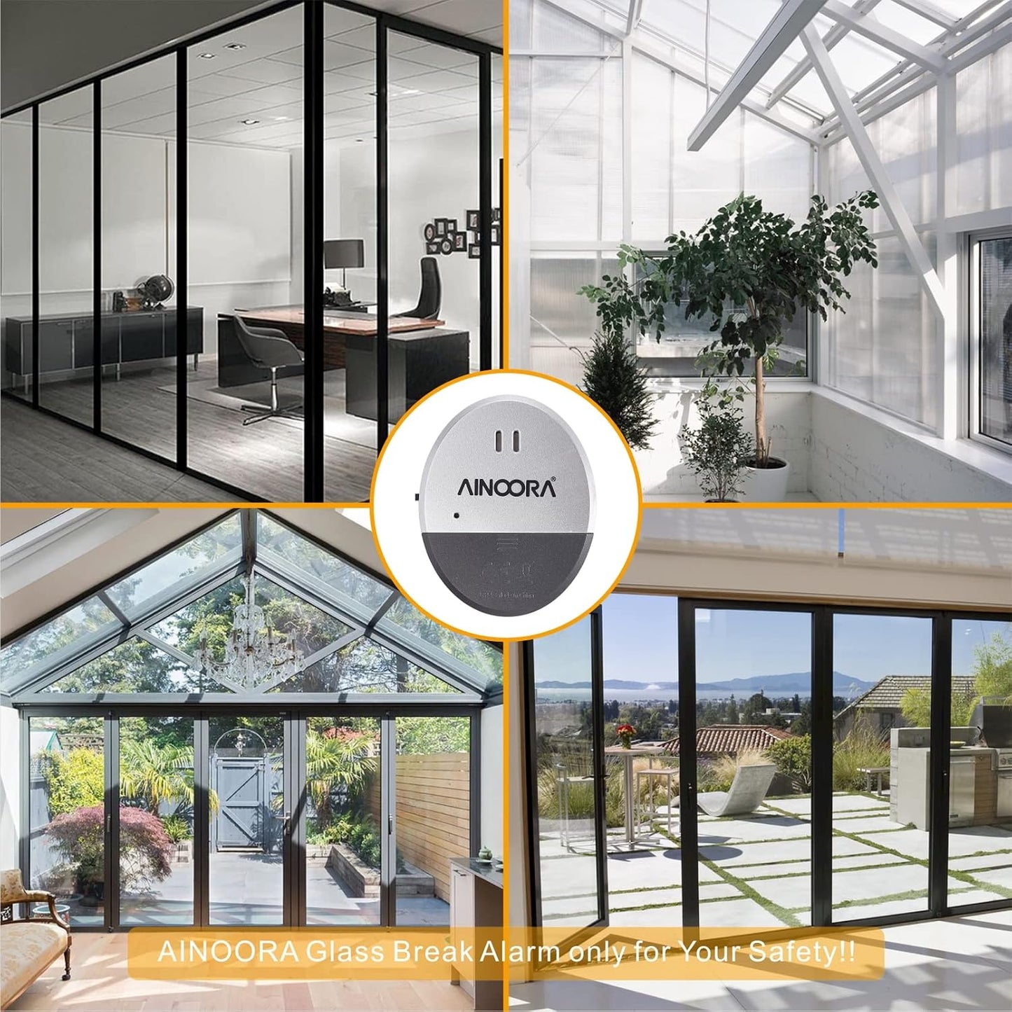AINOORA 4 Pack, 130dB Window Alarms Loud Glass Break Sensor & Vibration Alarm for Home Security, Burglar Entry Detector