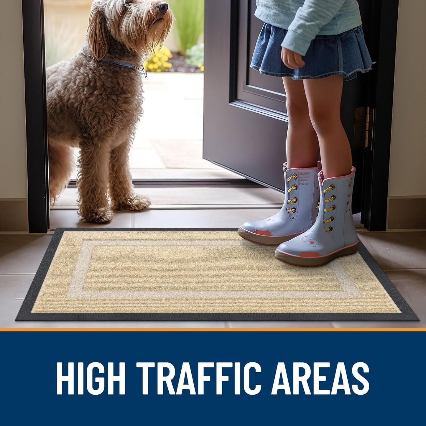 OLANLY Indoor Outdoor Front Door Mat - Waterproof, All-Weather, Easy Clean | Sturdy Natural Rubber, 71x23, Beige