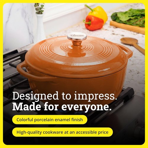 Lodge Essential Enamel Cast Iron Dutch Oven - 6 Quart Moisture-Sealing Lid & Dual Handles - Apricot Color