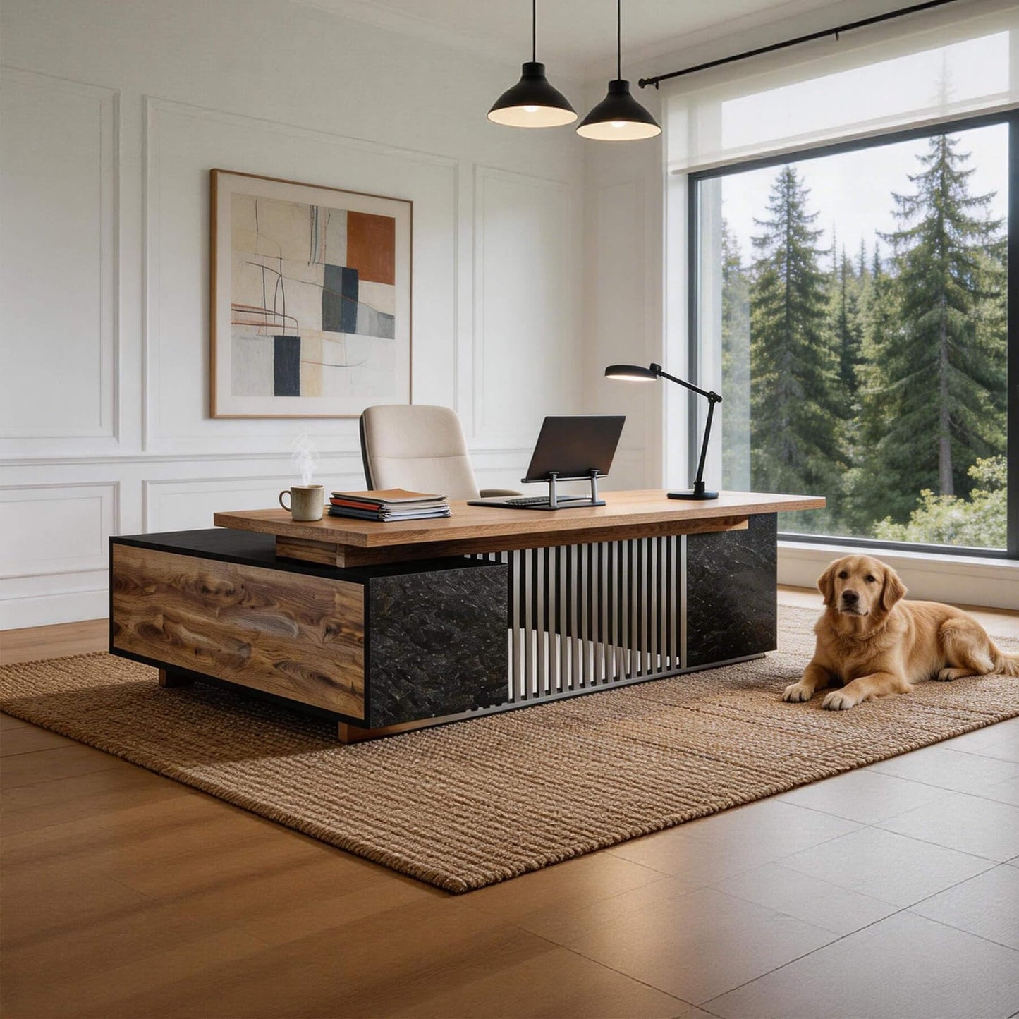 GT BLACK TURNSTONE Professional Wood Executive Desk, Large Office Table with 2 Drawers and 2 Cabinets, Heavy Duty Home Office Desk for Business & Workstation, One-Piece Tabletop (Right Return, 71in)