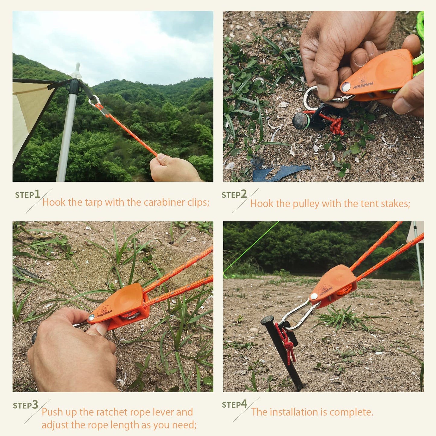 Hikeman Camping Rope with Ratchet Pulley,Quick Setup Outdoor Guy Lines Adjustable Tent Tie Downs Rope Hanger for Canopy,Kayak and Canoe,Grow Light (Orange)