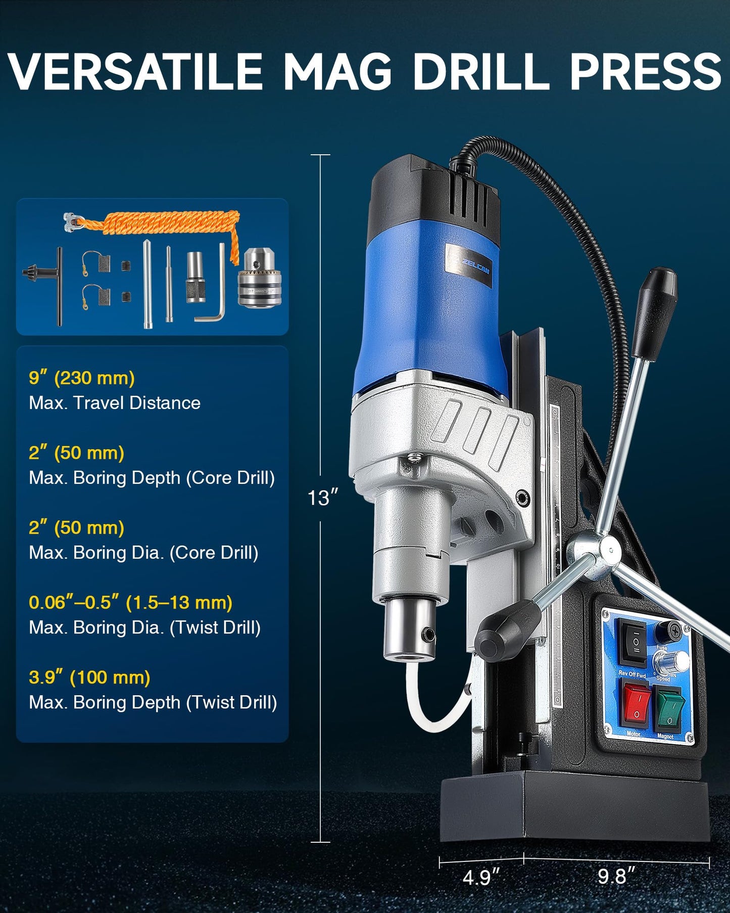 ZELCAN Mag Drill Press, 1550W Portable Magnetic Drill Press with 2" Boring Diameter, 0-580 rpm Stepless Speed & Reversible Direction, 2922 lbf Mag Force Electric Drilling Machine for Metal Surface