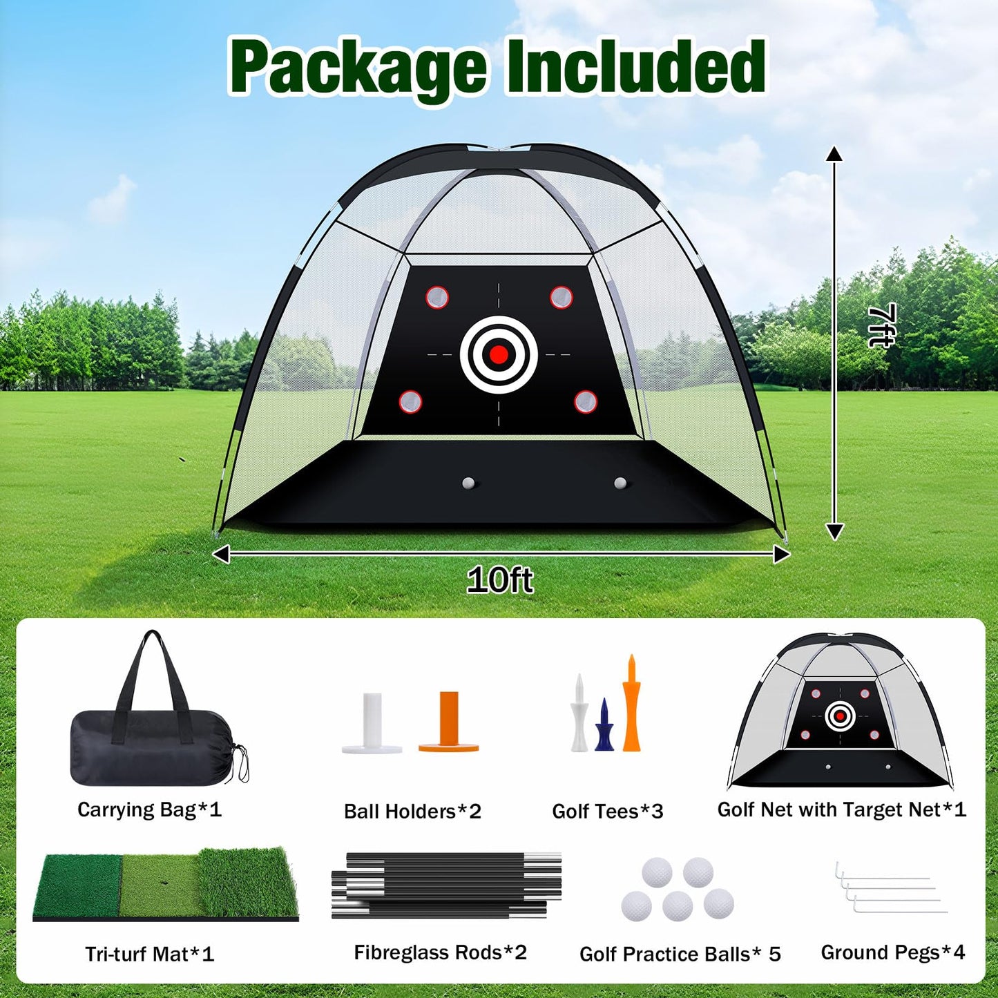 MoKo Golf Net with Practice Mat, 10 x 7 ft Golf Hitting Net for Outdoor Indoor Backyard Driving Chipping Swing Training, All-in-One Multi-Target Practice Nets, Gifts for Men Dad Him and Golfer, Black