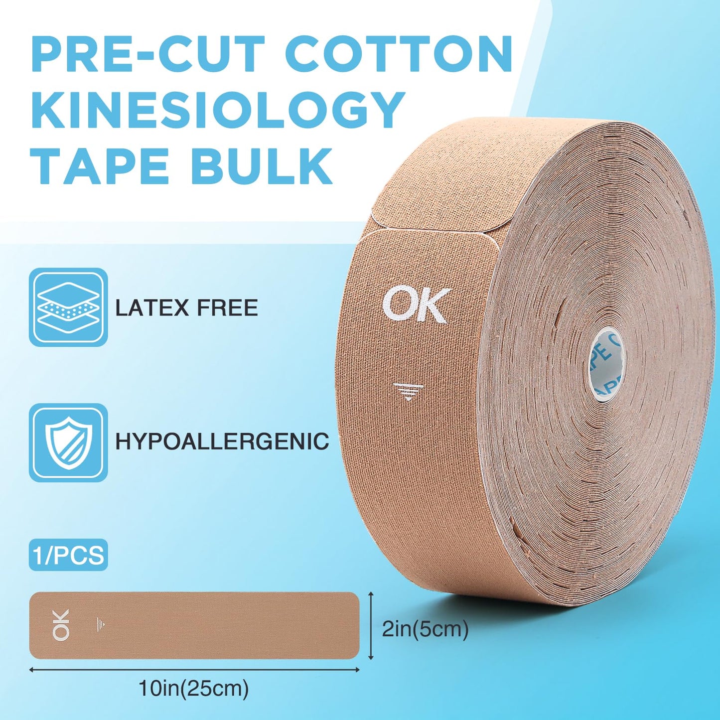 OK TAPE Kinesiology Tape Pre Cut Strips Bulk (100 PCS),Elastic Cotton Latex Free Hypoallergenic Athletic Tape Roll for Muscle Joint Knee,Waterproof 2in×10in/PCS