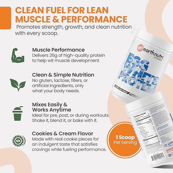 EarthNutri - Egg White Protein Powder Supplement for Pre, Intra or Post Workout, 26g of Protein Per Serving, Supports Muscle Strength & Recovery, No Artificial Additives - Cookies 20 Servings (640g)