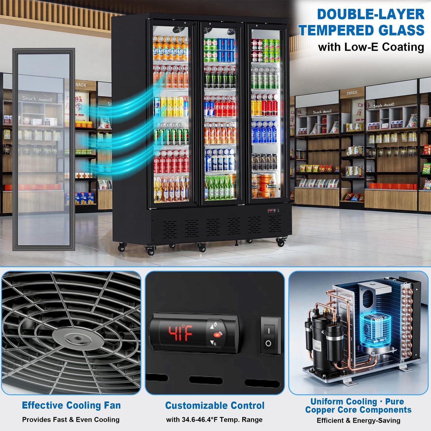 Ferueo 45 Cu.Ft Commercial Beverage Refrigerator, 2 Glass Door Merchandiser Refrigerator with Lock, Upright Reach-in Display Cooler for Restaurant, Bar and Grocery, 10 Adjustable Shelves, 32°F-47°F