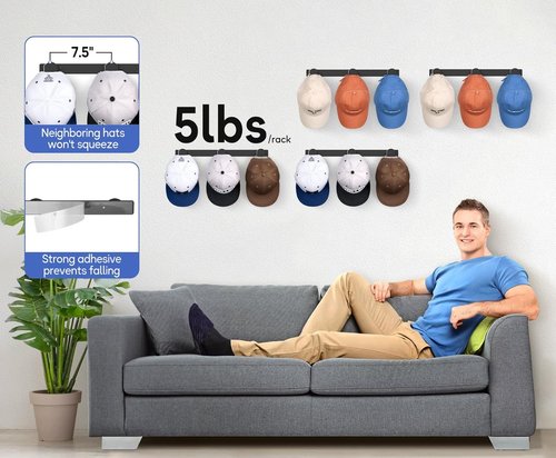 KIMBORA Hat Rack - Wall-Mounted Organizer for 36 Baseball Caps | 4 Packs with 3 Mounting Options (Black)