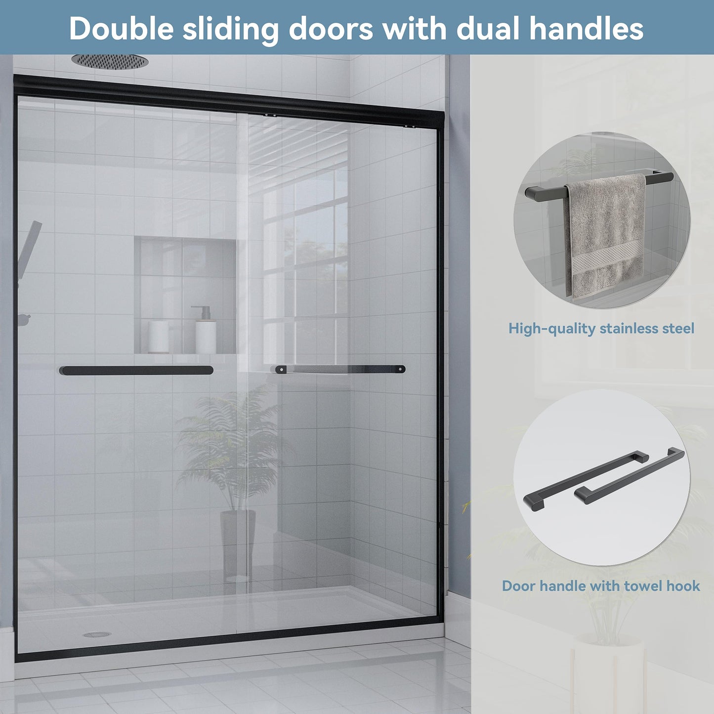 Kullavik Shower Door 56-60'' W x 72'' H Semi-Frameless Bypasss Bathroom Glass Shower Double Sliding Doors,1/4'' (6mm) Clear SGCC Tempered Glass with Explosion-Proof Film,Black