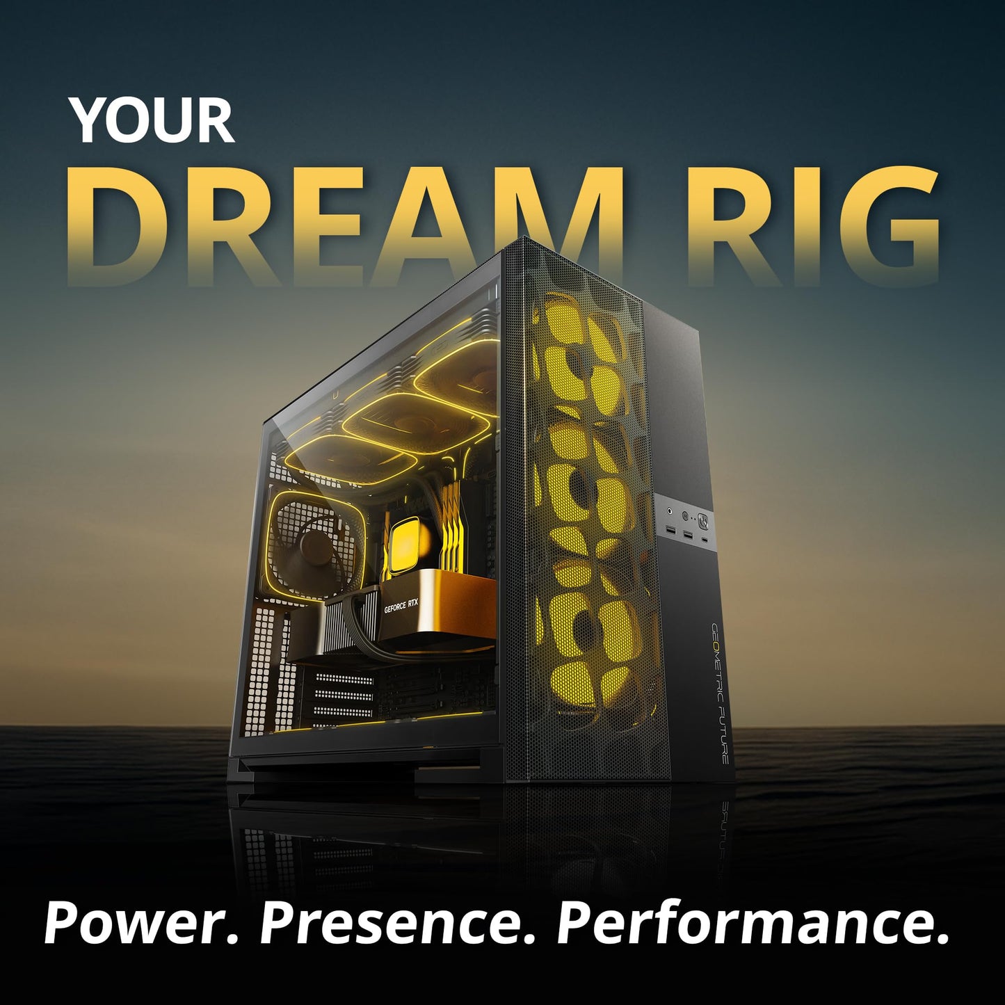 Geometric Future M5 Vent Mesh Panel Tempered Glass Mid Tower, E-ATX/ATX Gaming Case, High Airflow, 1.2mm Steel, Type C, Support 420/360 Radiator, ARGB PWM 140m fan x 5 Pre-Installed, Black, GEO-M5VF-B