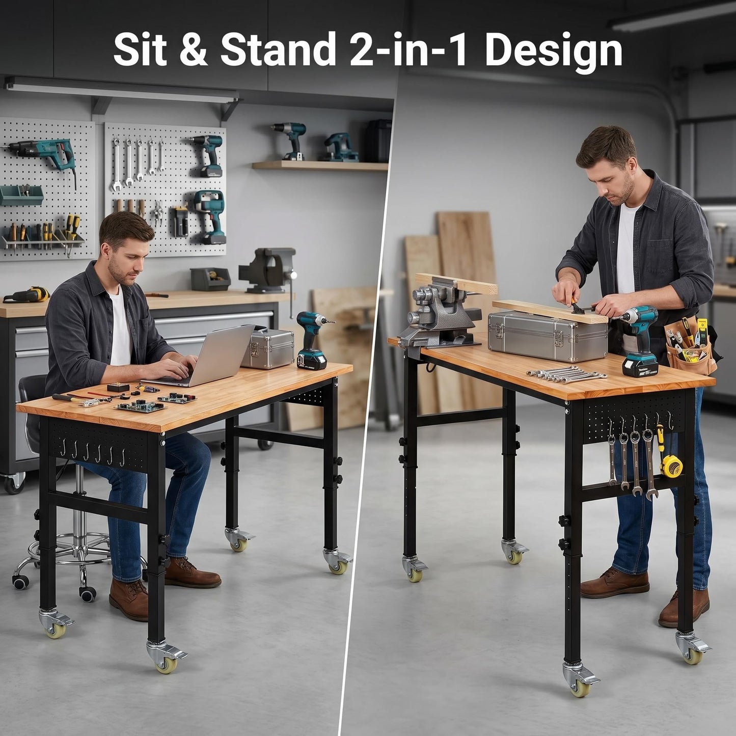48" Adjustable Workbench, 8-Level Height Adjustable Rolling Work Table with Casters & Scale, Sit & Stand 2-in-1 Garage Tool Table with Pegboard & Hooks, for Workshop, Warehouse, DIY Projects