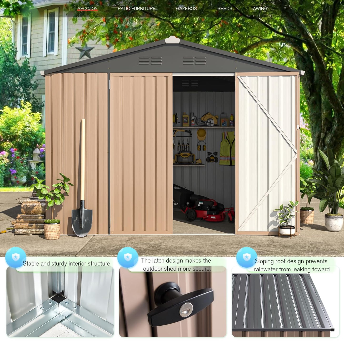 AECOJOY 6x8 FT Galvanized Steel Outdoor Storage Shed, Small Metal Garden Tool Shed with Sloped Roof & Lockable Double Hingled Doors,Gray