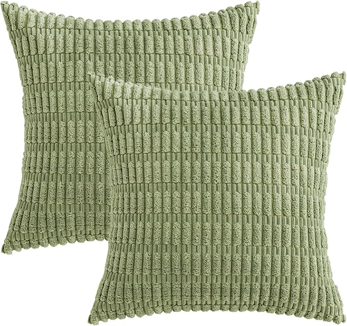 MIULEE Pack of 2 Spring Corduroy Decorative Throw Pillow Covers 12x12 Inch Soft Boho Striped Pillow Covers Modern Farmhouse Home Decor for Summer Sofa Living Room Couch Bed Sage Green