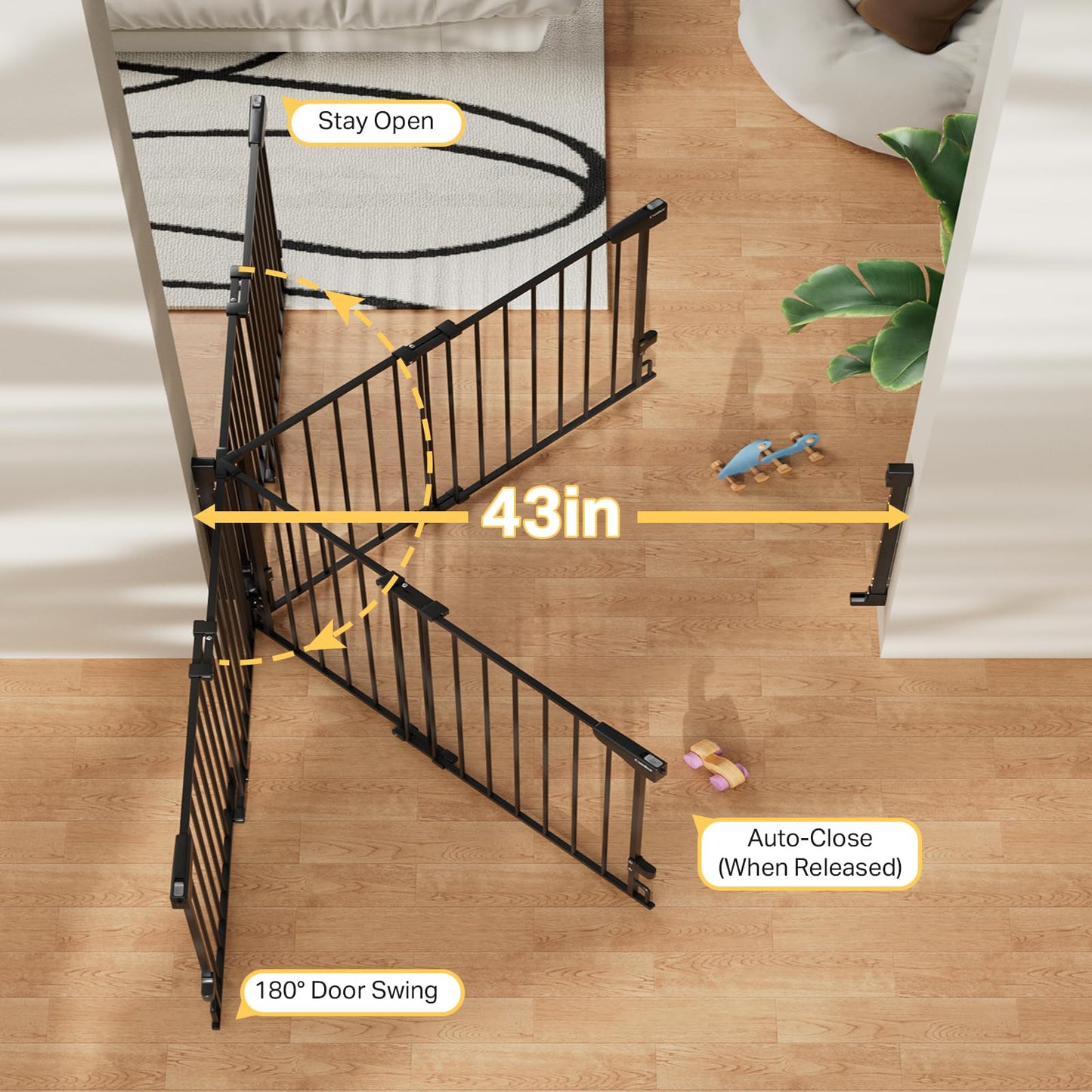 Cumbor 29.2–43" Baby Gate for Stairs, Hardware Mounted (Drill Required), Expandable No Bottom Bar Dog Gate, Auto Close Extra Wide Walk Thru, Pet & Toddler Proof Gate, Top & Bottom of Stairways(Black)