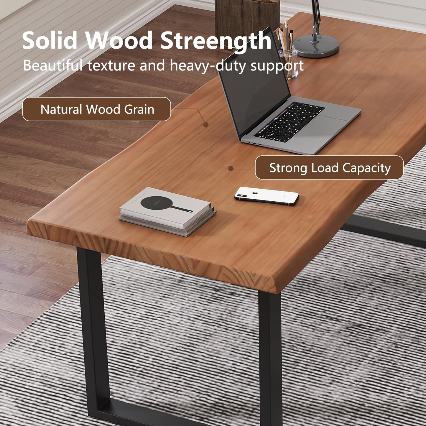 KunAndPeng Solid Wood Office Desk, 47.24" Tan Executive Computer Desk with Heavy-Duty Metal Base, Multi-Purpose Desk/Dining Table, Ideal for Home Office & Work Environments