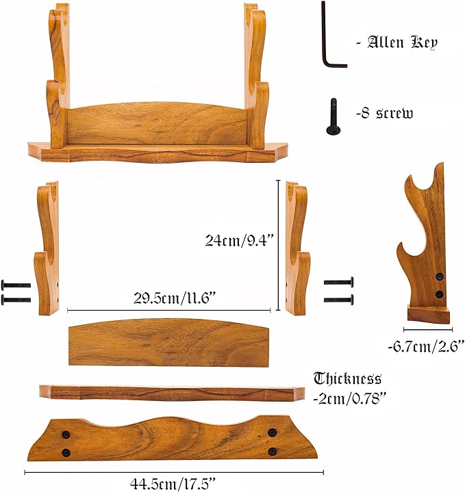 Mythrojan Solid Wood Sword Stand Wall Mount Display Rack for Medieval, Samurai, Katana & Knife Collections Durable, Stylish, Space-Saving Holder - Two Tier Stand